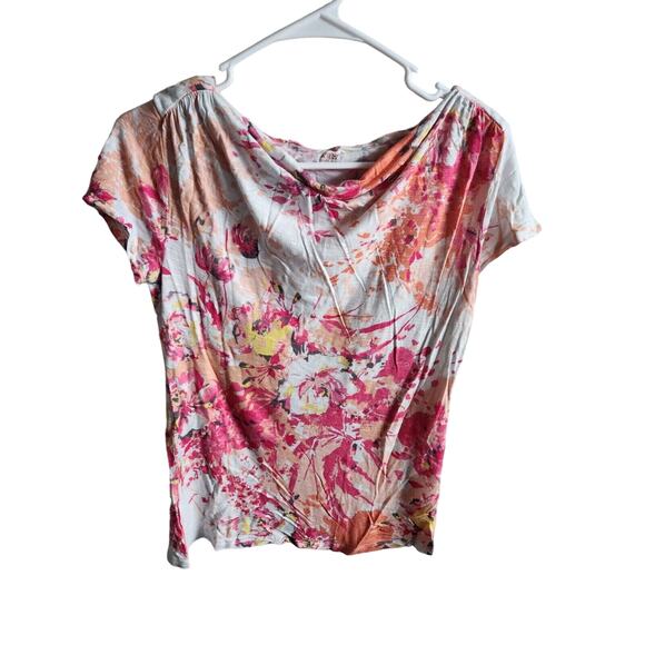 APT 9 Essentials Sz PM Short Sleeve Scoop Neck T Shirt Floral Pink Peach - Picture 1 of 3